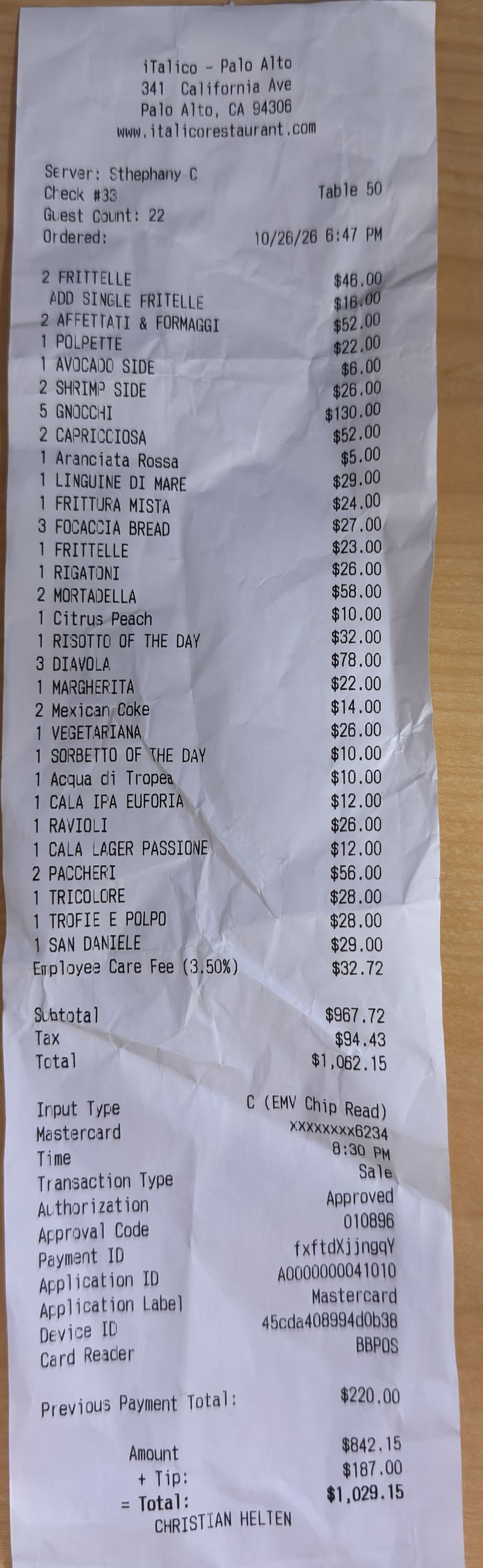 The printed iTalico receipt: 30 items, employee care fee $32.72, subtotal $967.72, tax $94.43, total $1,062.15; previous payment $220.00, then $842.15 plus $187.00 tip, $1,029.15 paid by Christian Helten.